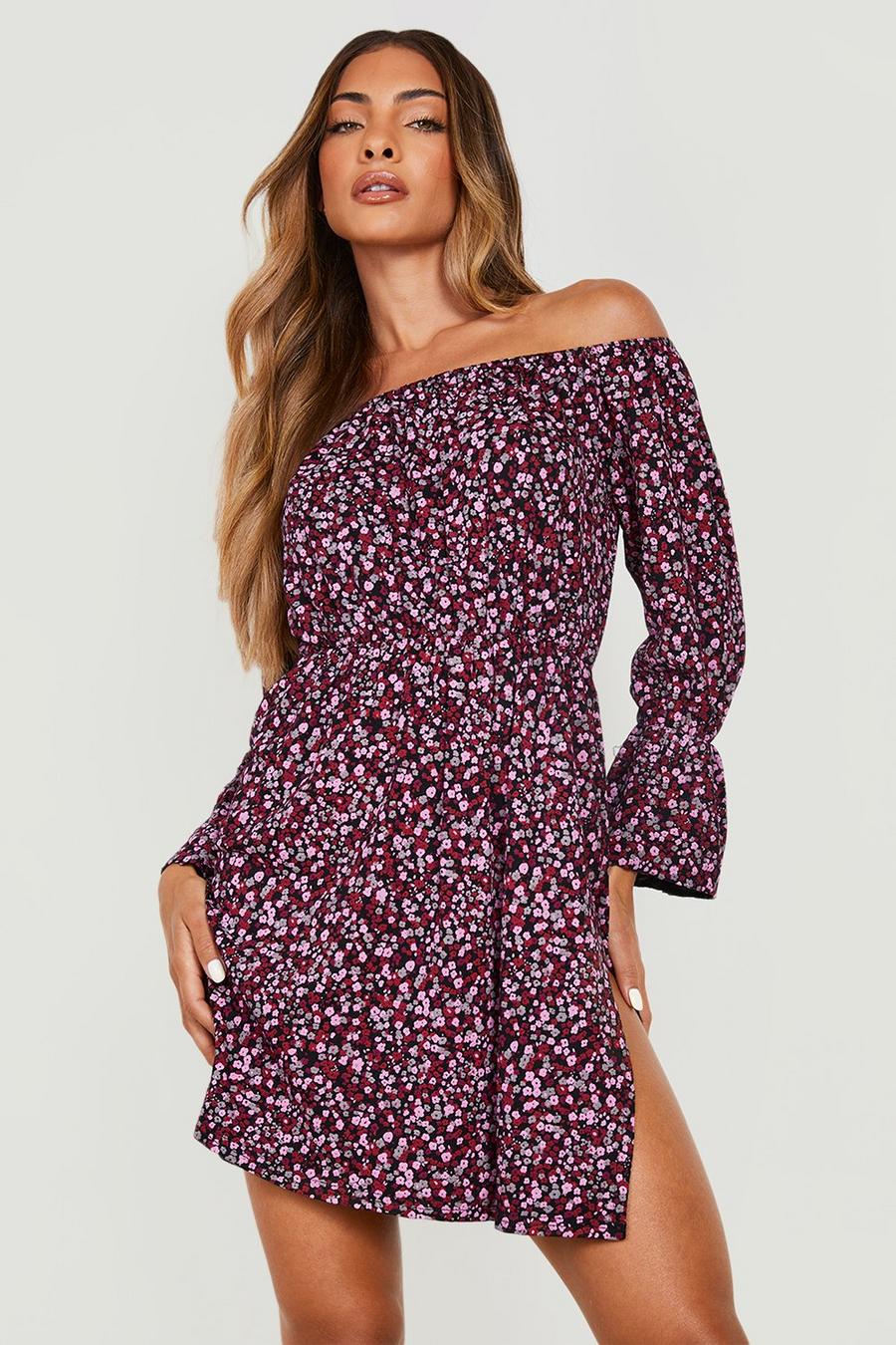 Boohoo Women Clothing Dresses Strapless Dresses 4 Womens Floral Off The Shoulder Flare Sleeve Smock Dress 