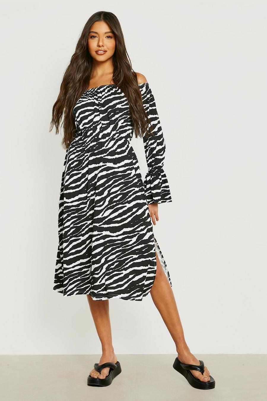 Black Zebra Bardot Midi Smock Dress image number 1