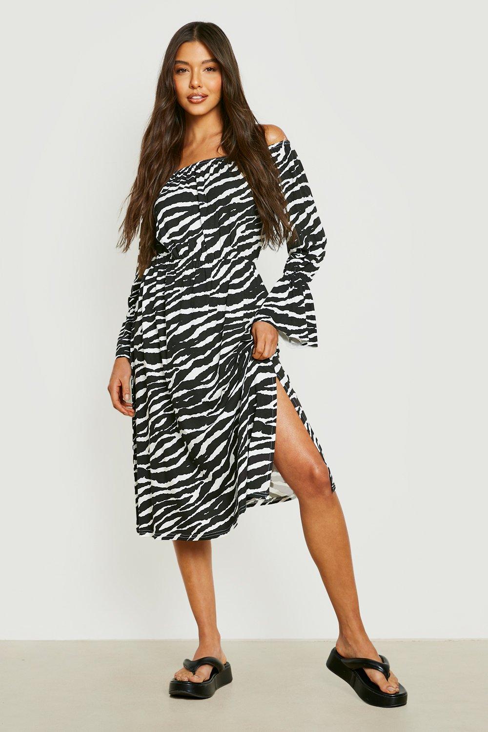 Zebra Bardot Midi Smock Dress boohoo