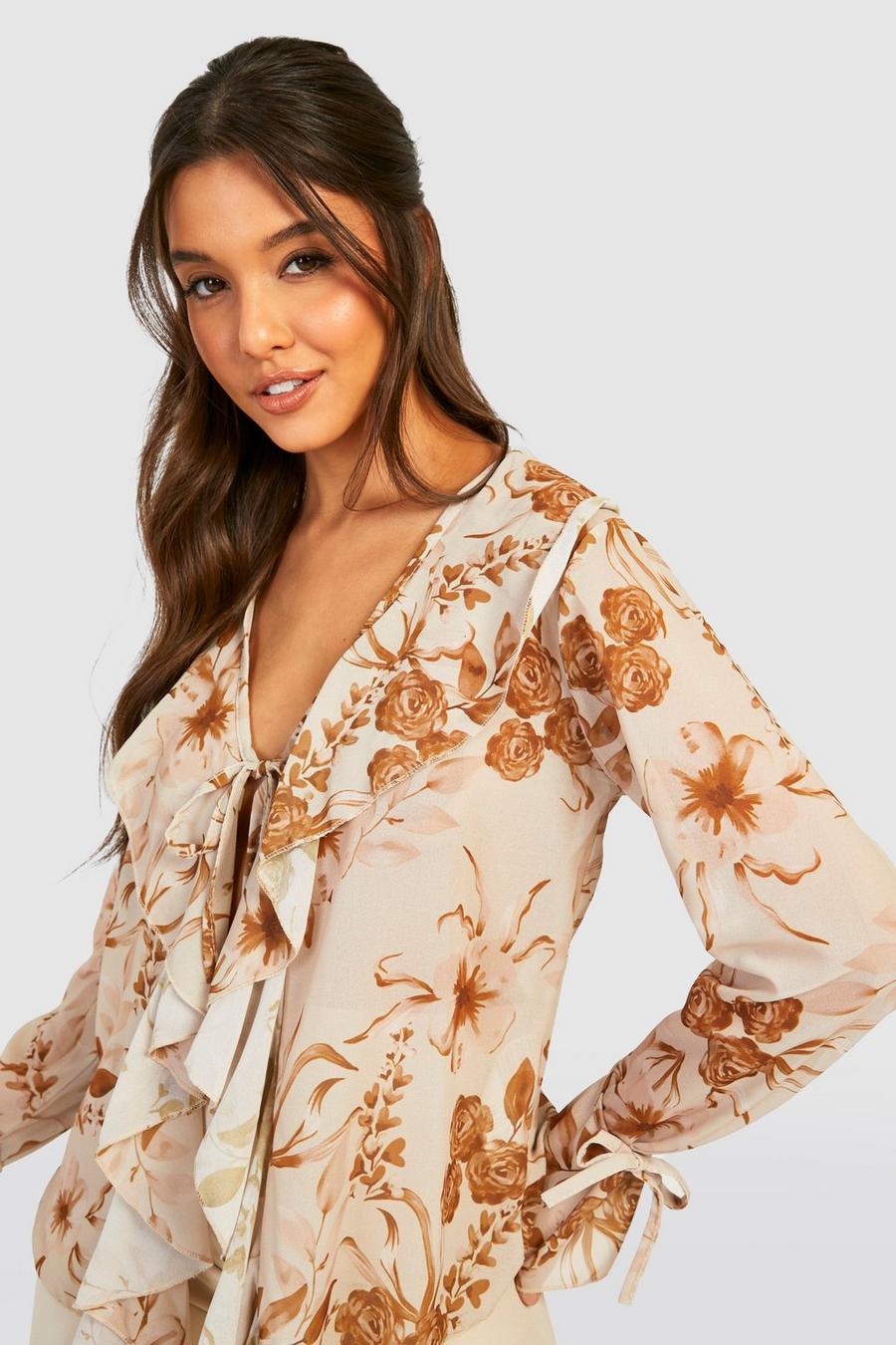 Stone Floral Ruffle Tie Front Blouse image number 1