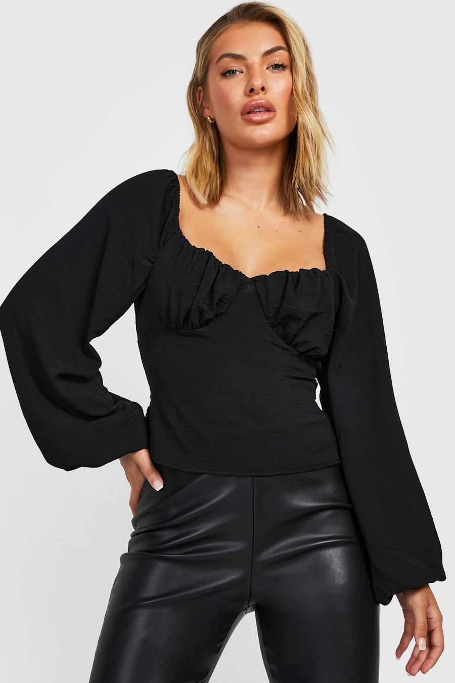 Black Textured Balloon Sleeve Ruched Cup Top image number 1