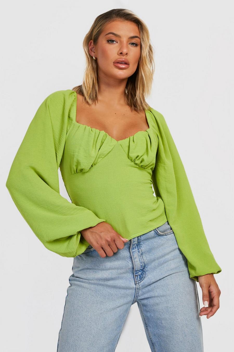 Lime Textured Balloon Sleeve Ruched Cup Top image number 1