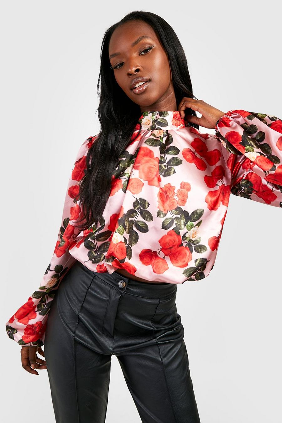 Pink High Neck Floral Balloon Sleeve Crop Top image number 1