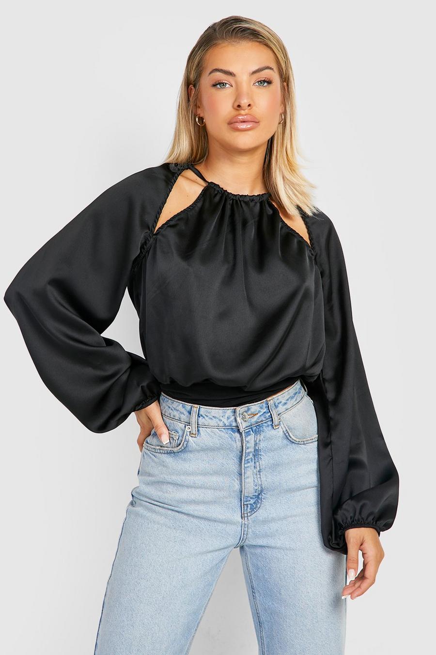 Black Cut Out Puff Sleeve Satin Bodysuit image number 1