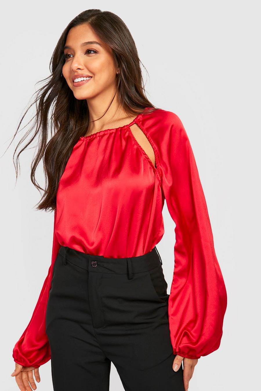 Red Cut Out Puff Sleeve Satin Bodysuit image number 1