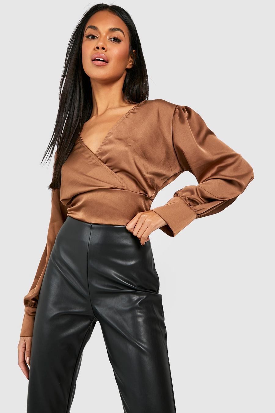 Chocolate Wrap Satin Tie Back Blouse image number 1