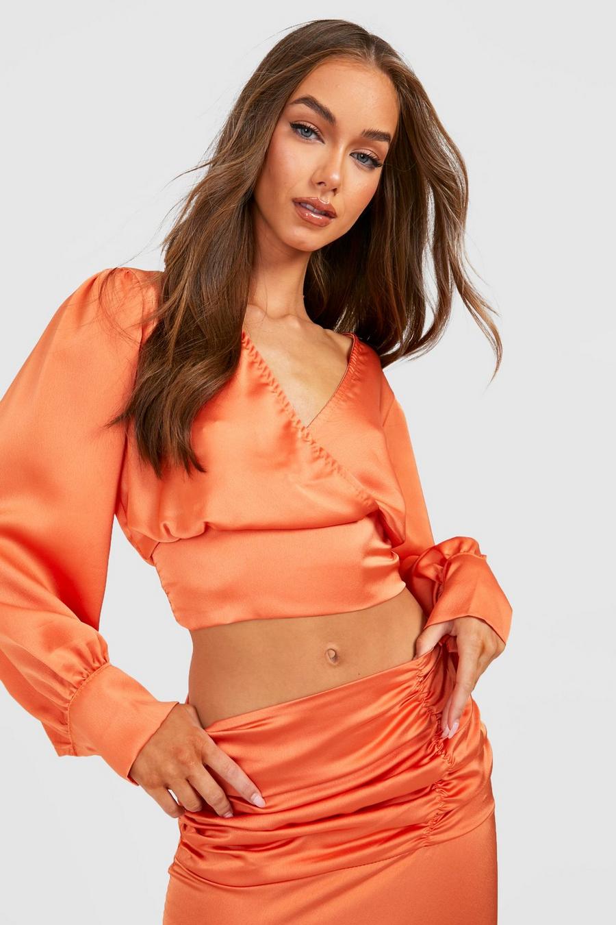Peach Wrap Satin Tie Back Blouse image number 1