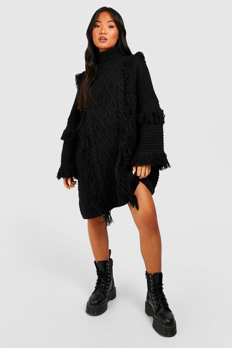 Black Petite Chunky Knitted Tassel Roll Neck Dress image number 1