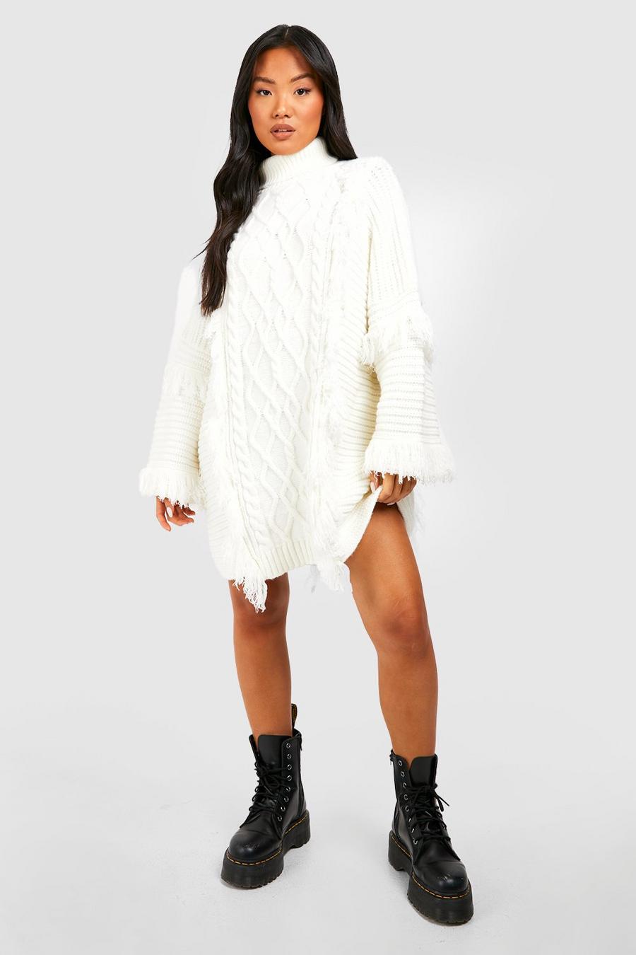 Ivory white Petite Chunky Knitted Tassel Roll Neck Dress image number 1