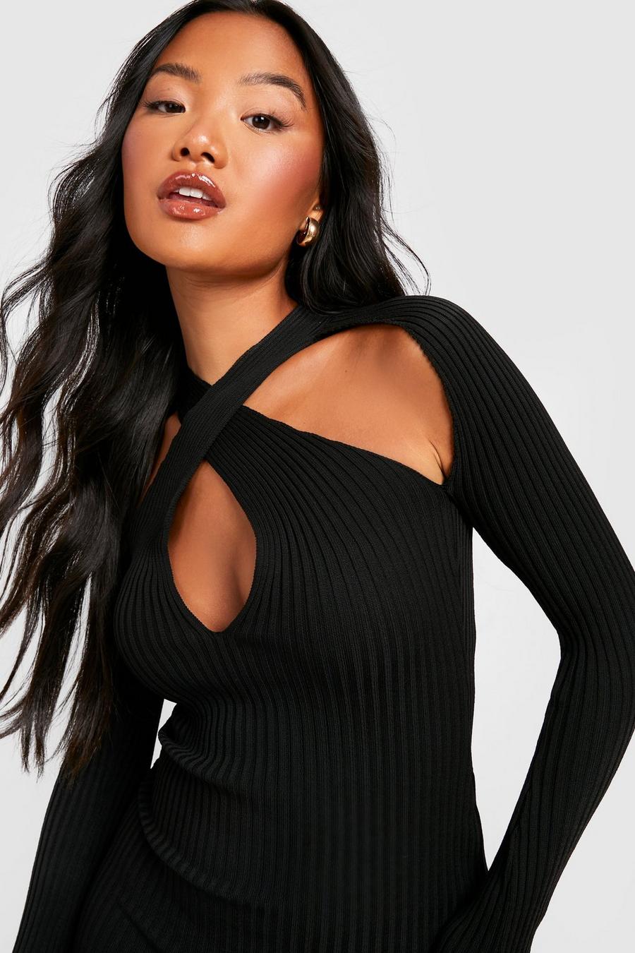 Black svart Petite Cut Out Long Sleeve Knitted Midi Dress image number 1