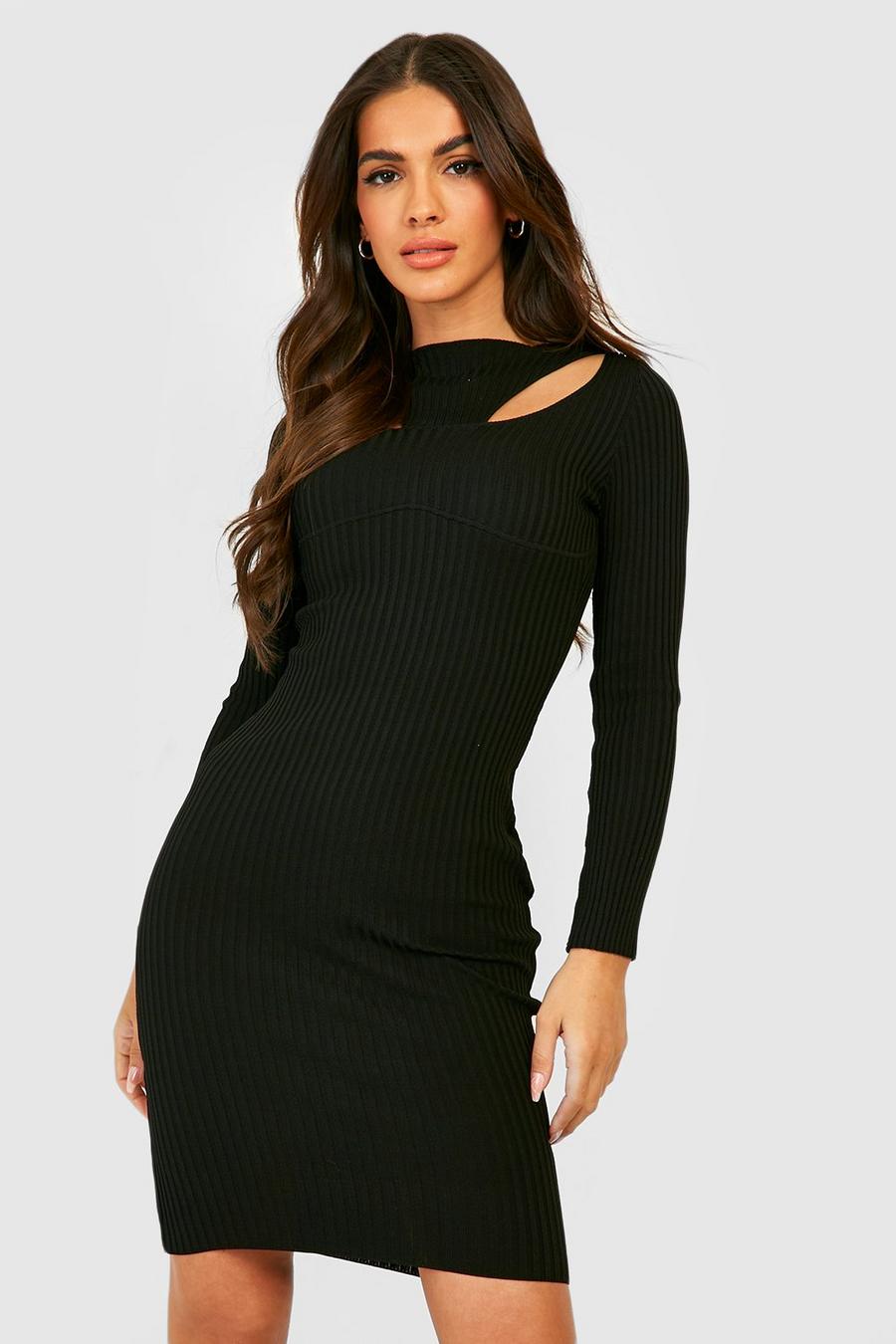 Black Petite Cut Out Neckline Knitted Midi Dress image number 1