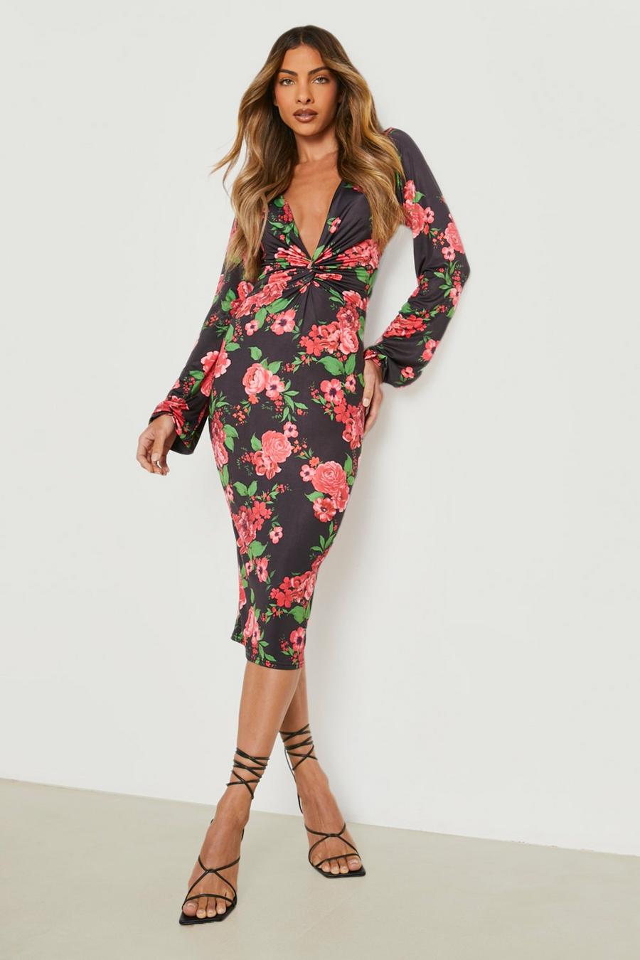 Black negro Recycled Slinky Twist Front Floral Midi Dress