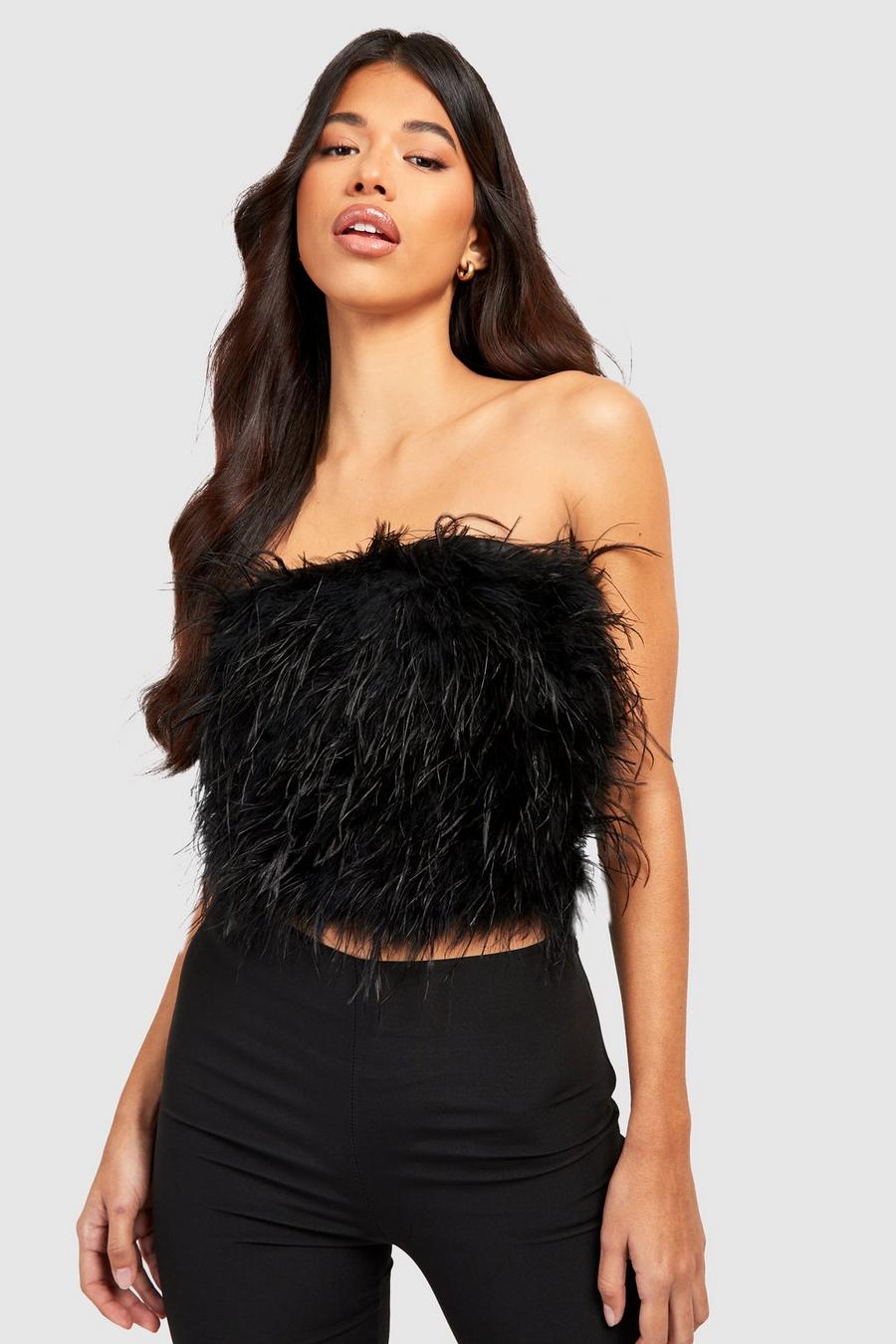Black Tall Fluffy Feather Corset Bandeau Top image number 1