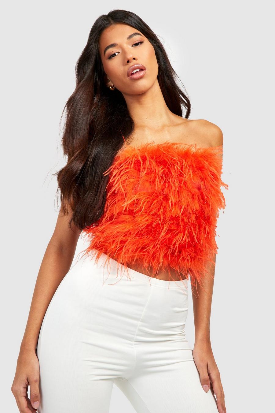 Orange Tall Fluffy Feather Corset Bandeau Top image number 1