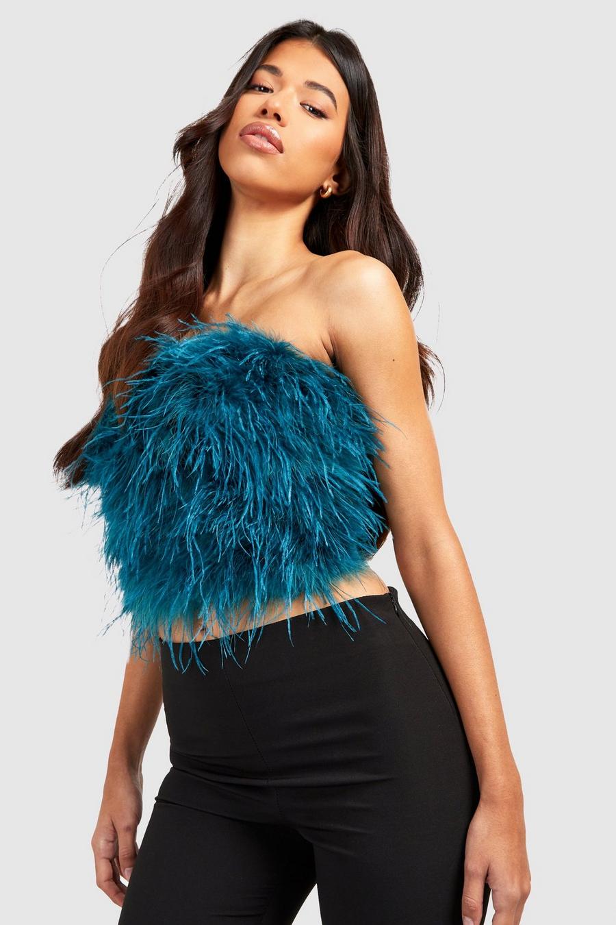 Teal Tall Fluffy Feather Corset Bandeau Top image number 1