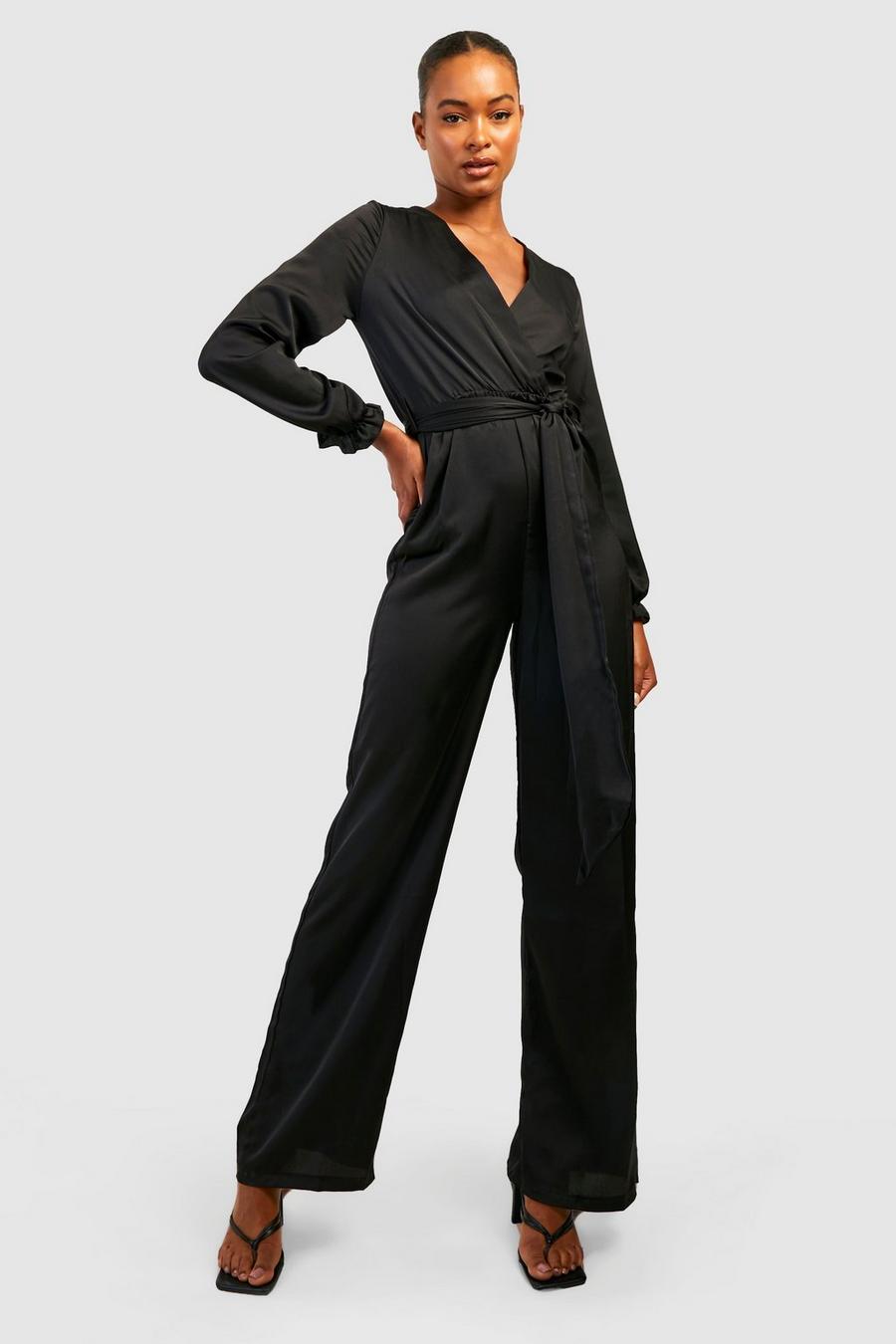 Black negro Tall Satin Wrap Belted Jumpsuit image number 1