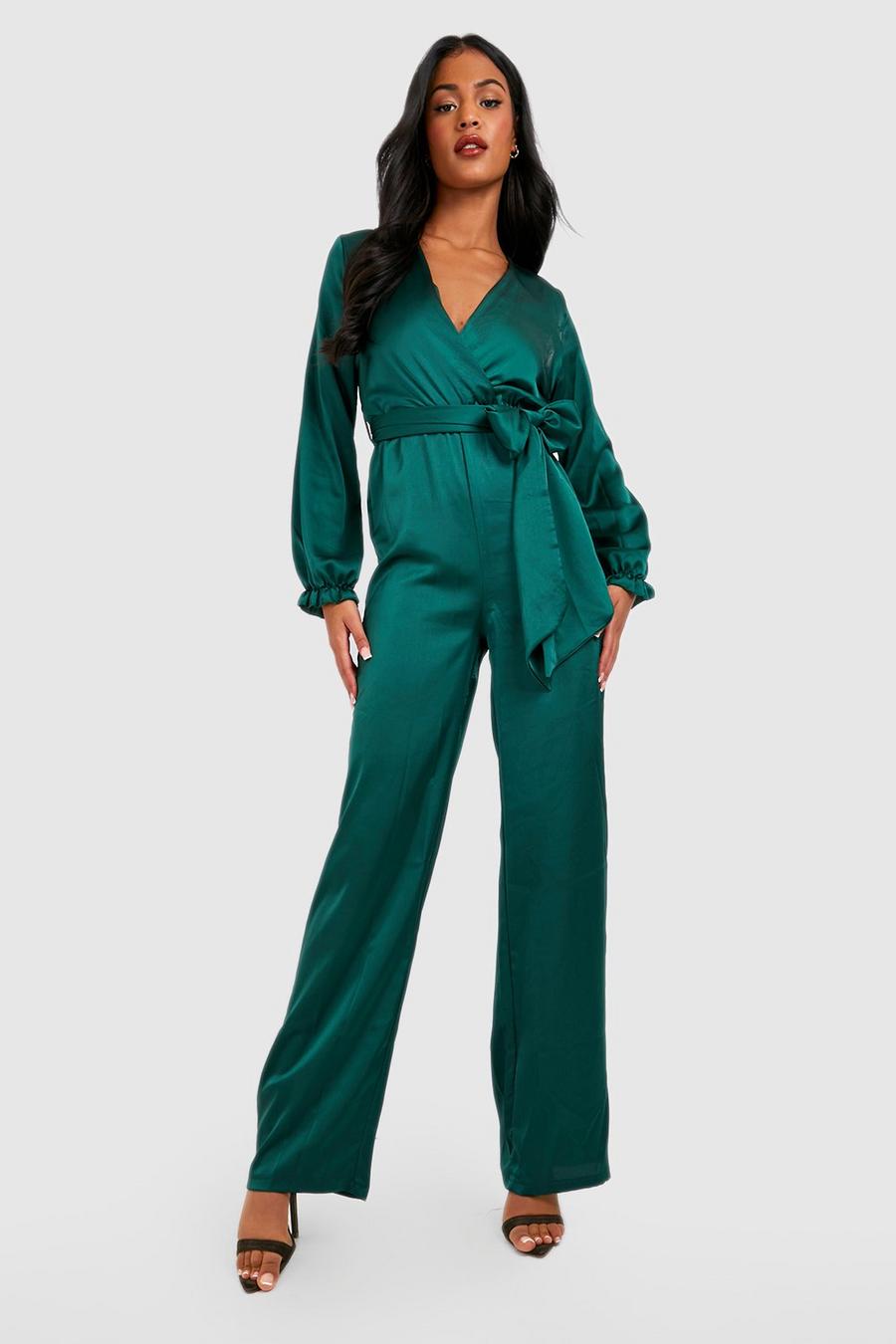Emerald Tall Satin Wrap Belted Jumpsuit image number 1