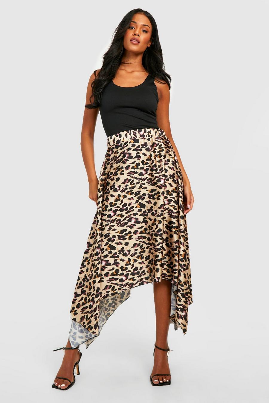 Brown Tall Satin Leopard Print Hanky Hem Midi Skirt image number 1