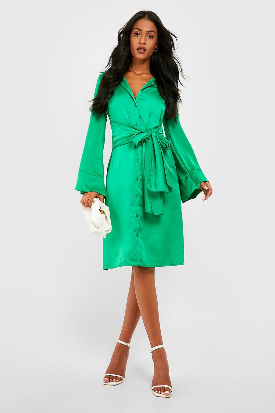 Bright green Tall Satin Tie Front Mini Shirt Dress image number 1