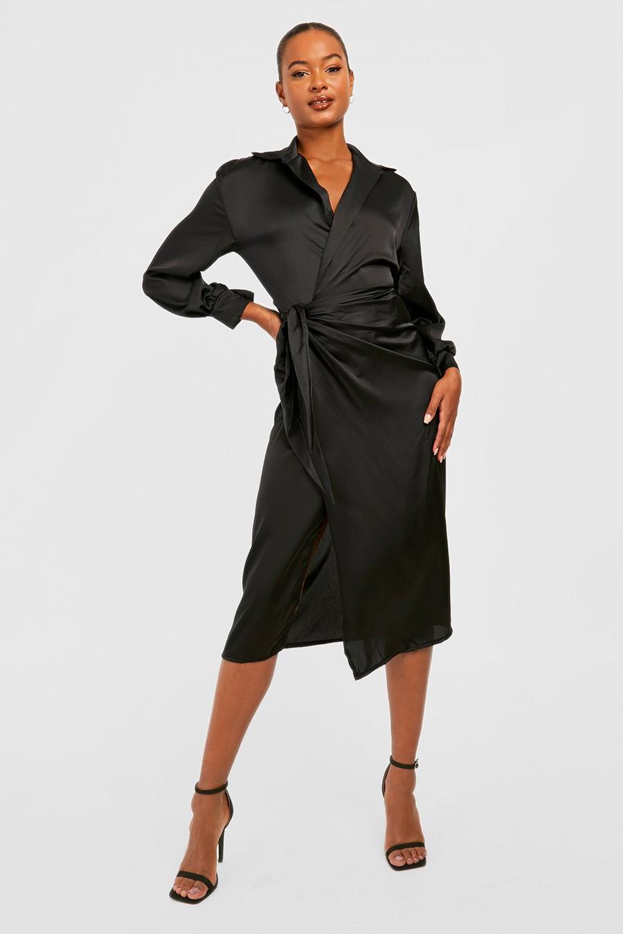 Black Tall Satin Wrap Midi Belted Shirt Dress image number 1