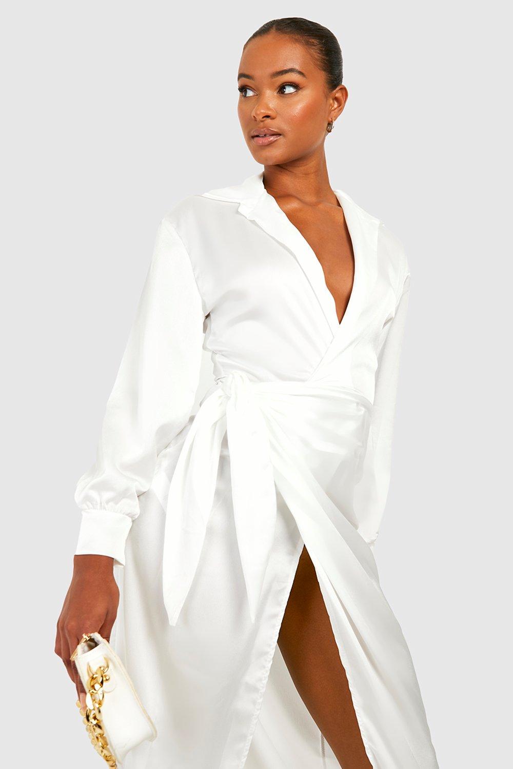 Ivory satin wrap dress hotsell