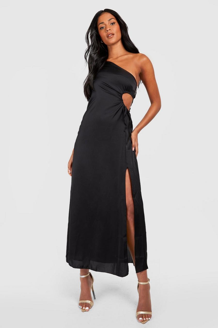 Black Tall Satin One Shoulder Ruched Maxi Dress image number 1