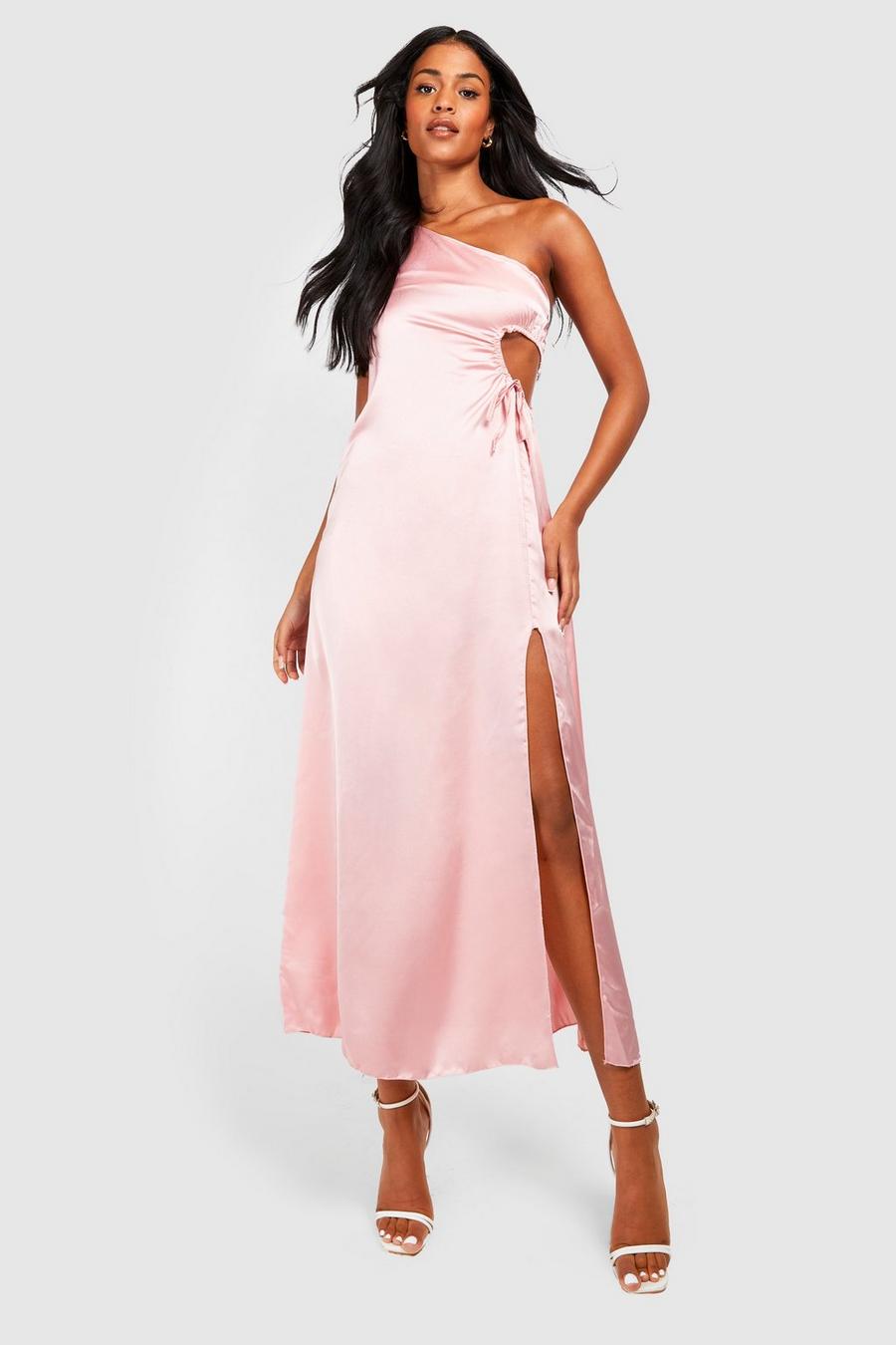 Rose pink Tall Satin One Shoulder Ruched Maxi Dress image number 1