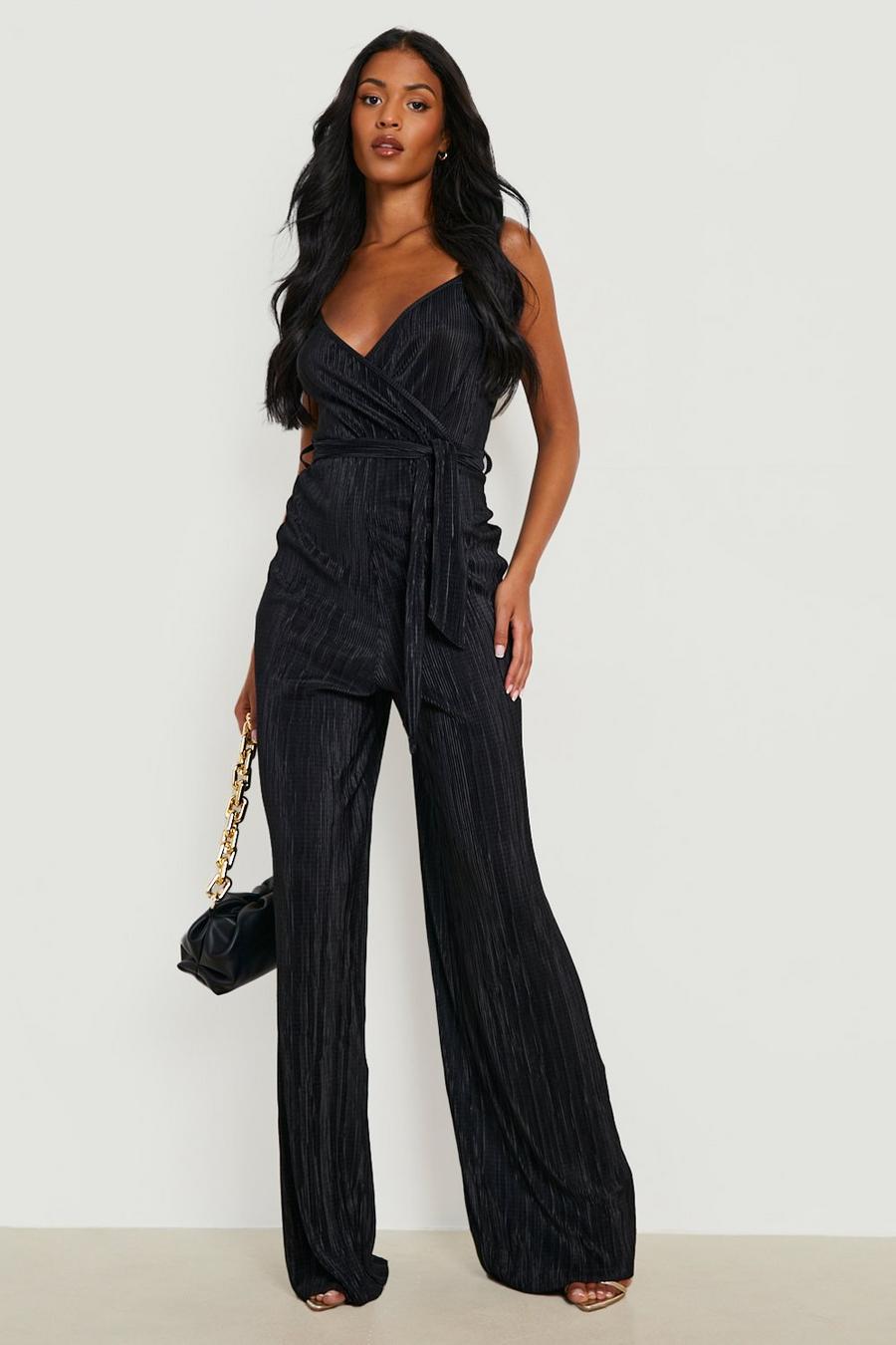 Tall Plisse Wrap Front Belted Wide Leg Jumpsuit