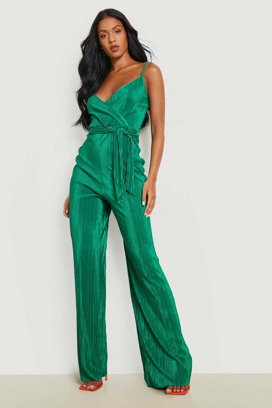 Bright green Tall Plisse Wrap Front Belted Wide Leg Jumpsuit image number 1