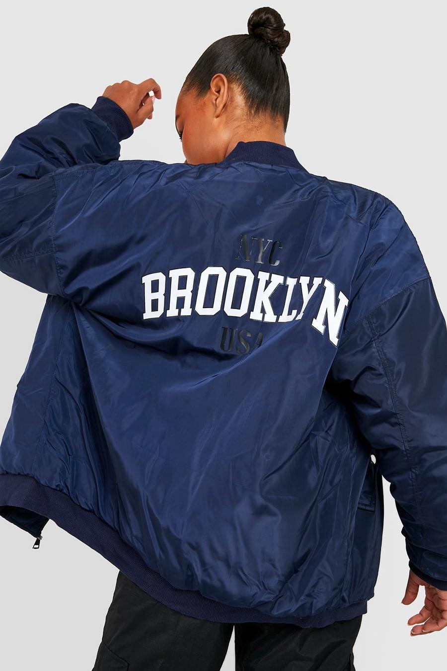 Navy Tall Brooklyn Oversized Bomber Jacket image number 1