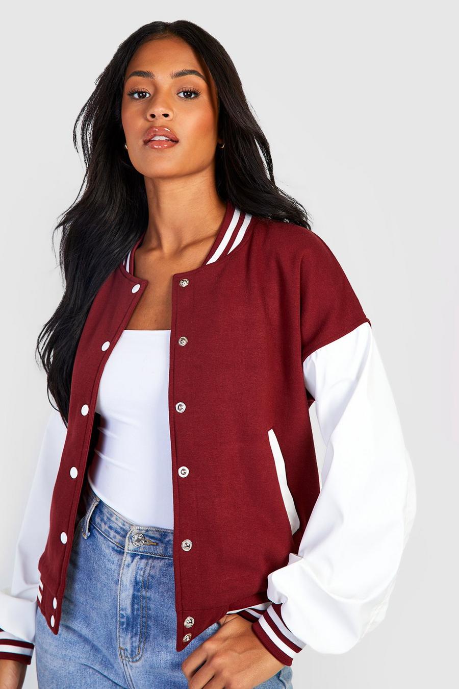 Berry Tall Contrast Sleeve Varsity Bomber image number 1