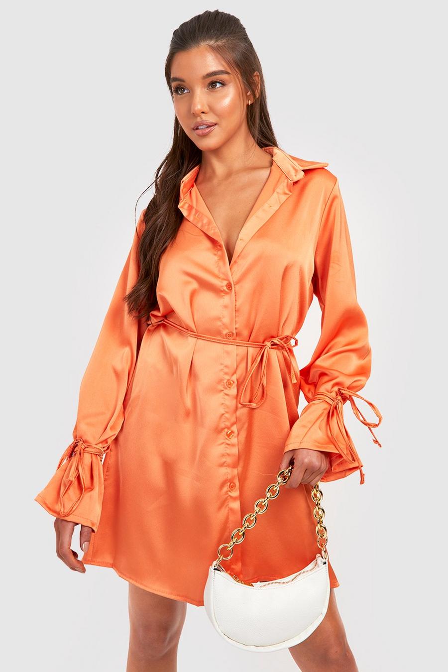 Orange Satin Tie Cuff & Waist Shirt Dress