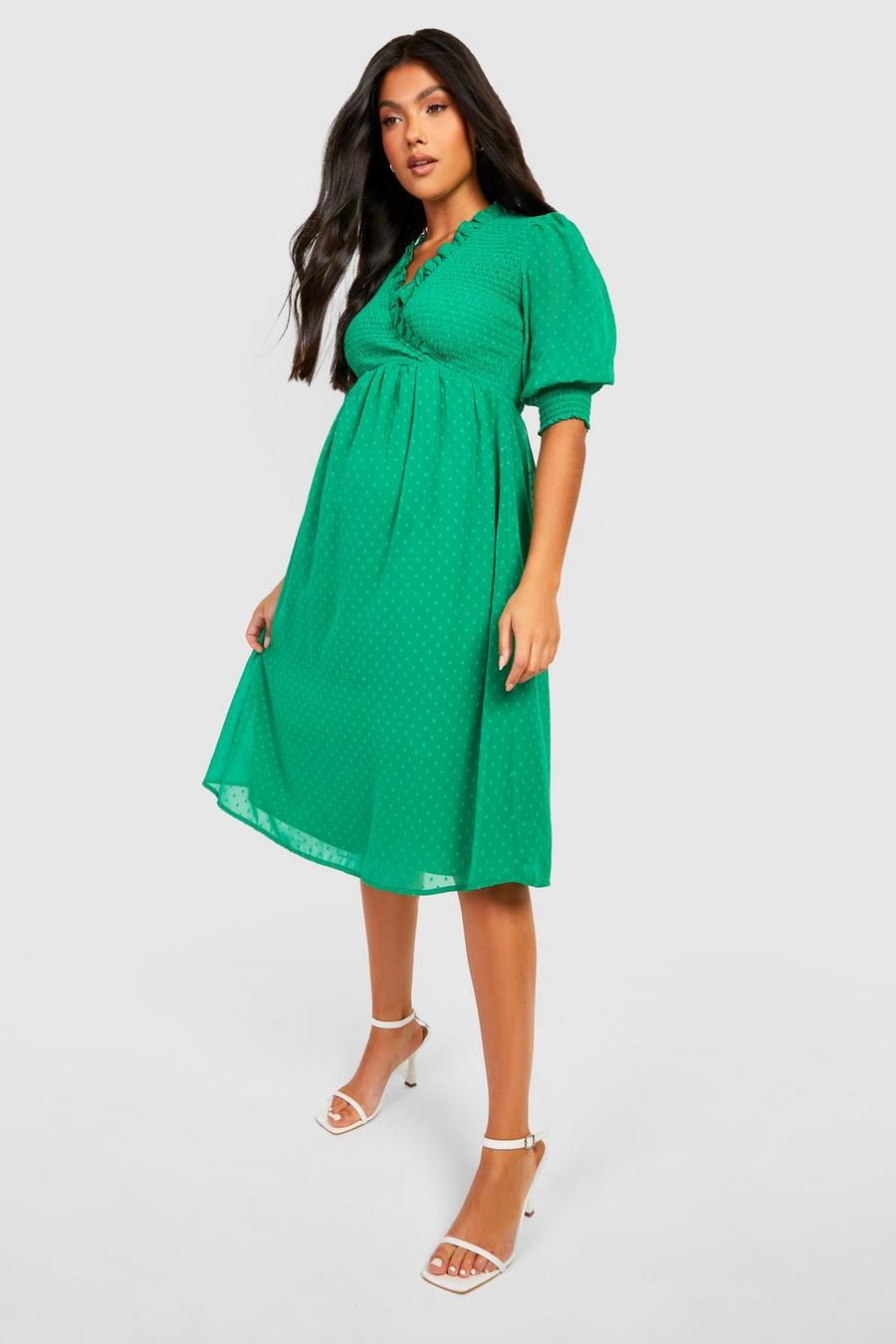 Green Maternity Dobby Mesh Wrap Midi Dress image number 1