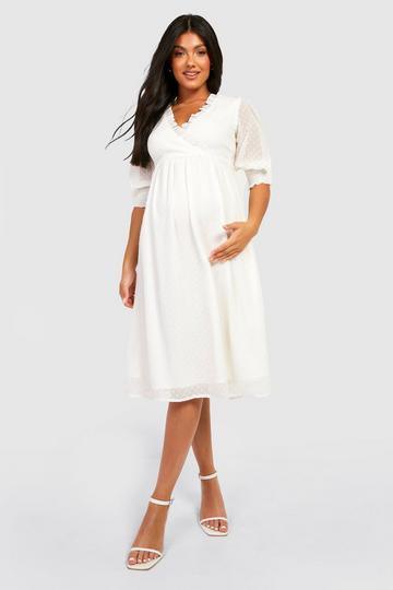 White Maternity Dobby Mesh Wrap Midi Dress