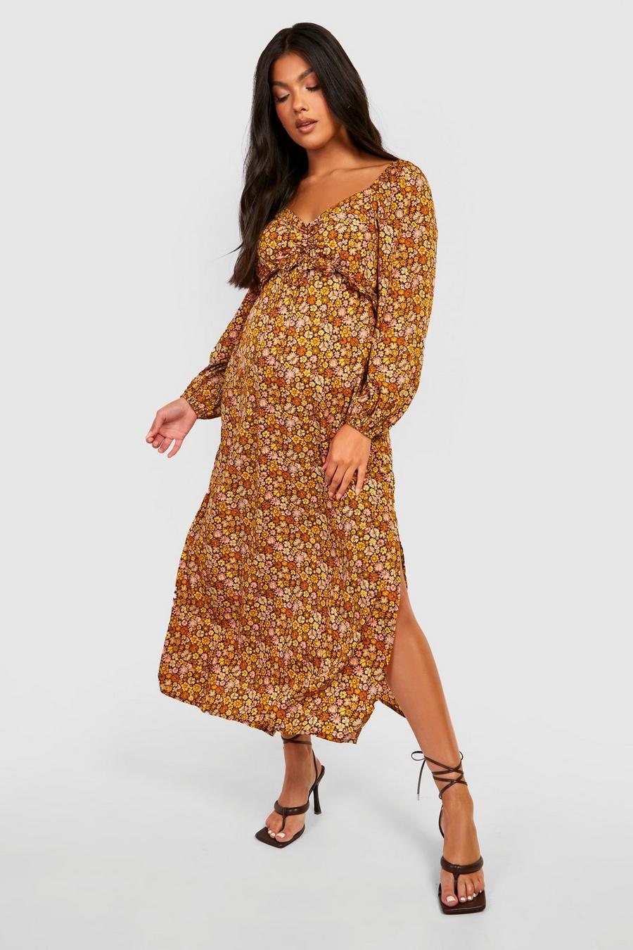 Brown Maternity Floral Puff Sleeve Midaxi Dress