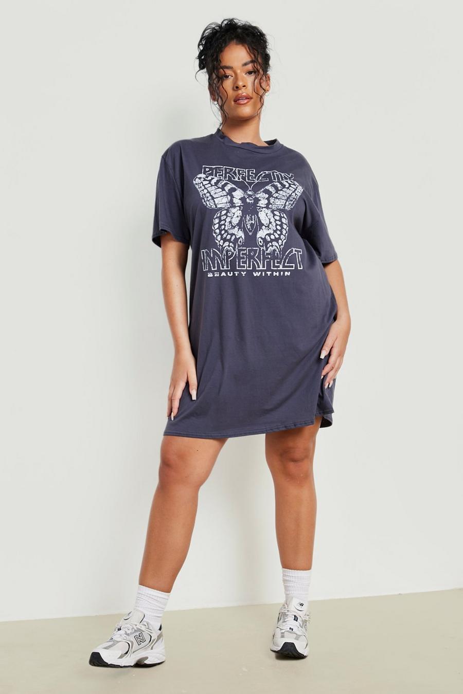 Charcoal grå Plus Perfectly Imperfect Slogan T-shirt Dress