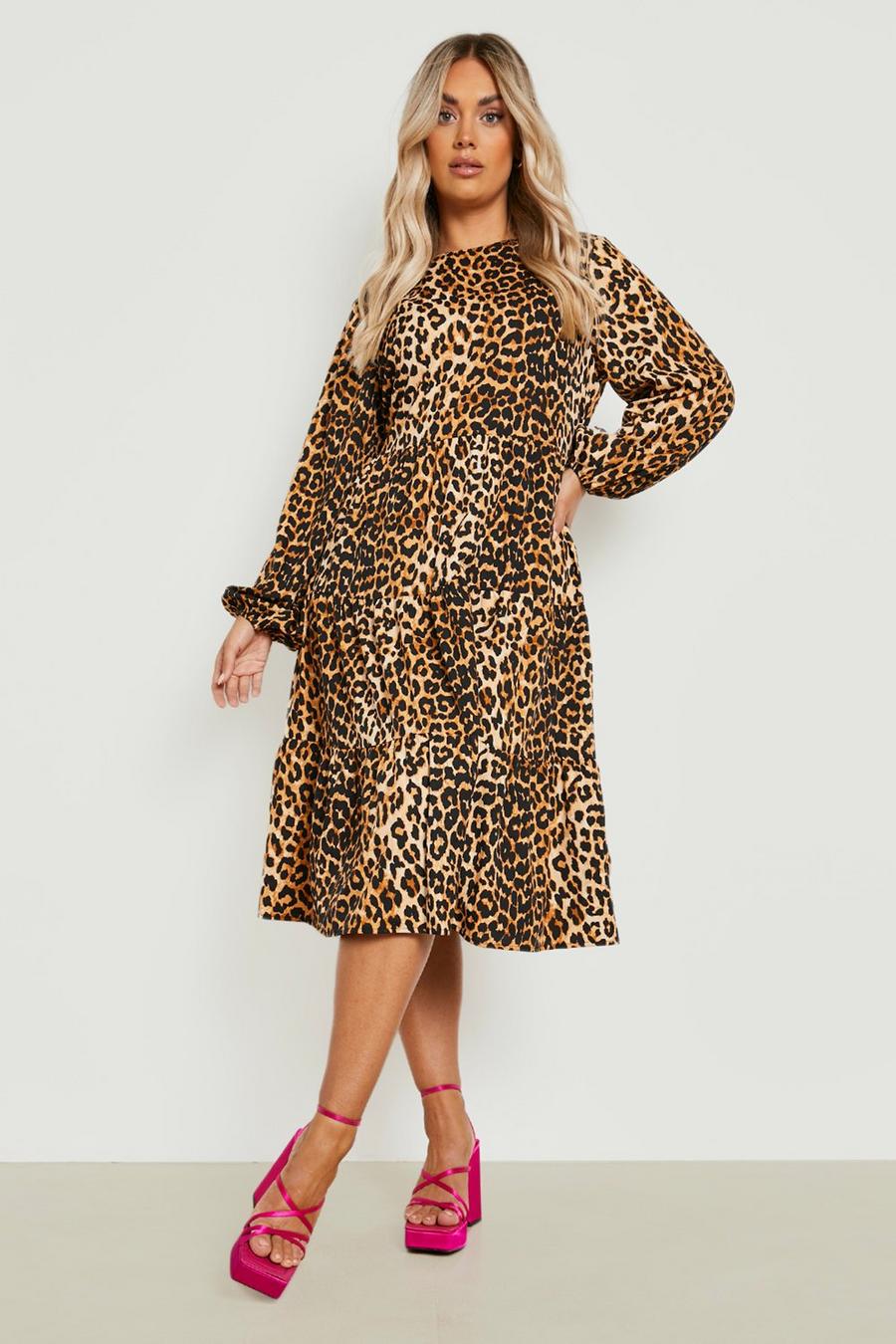 Vestito midi Plus Size con stampa leopardata e balze, Leopard