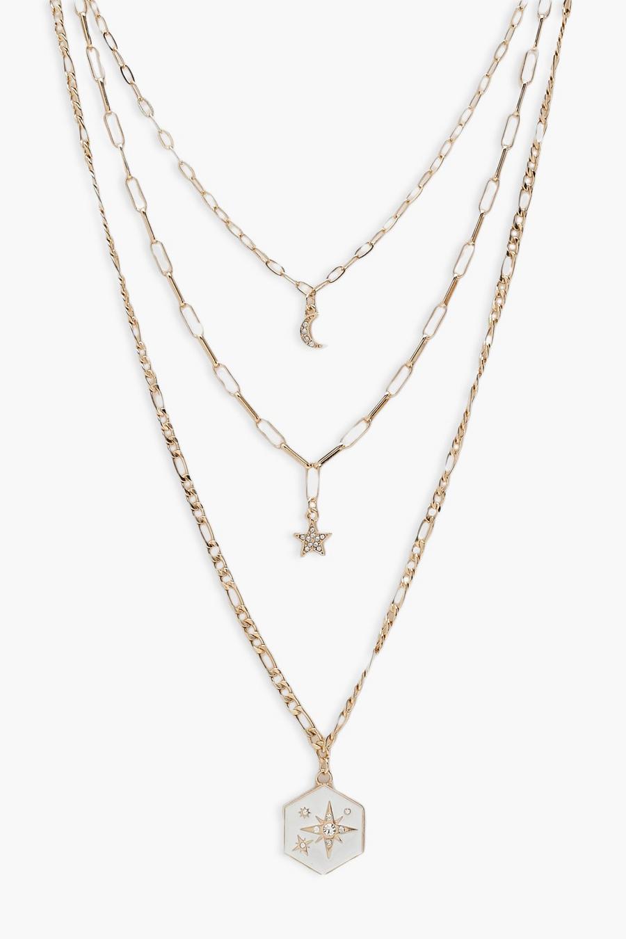 Gold metallic North Star And Moon Triple Row Necklace