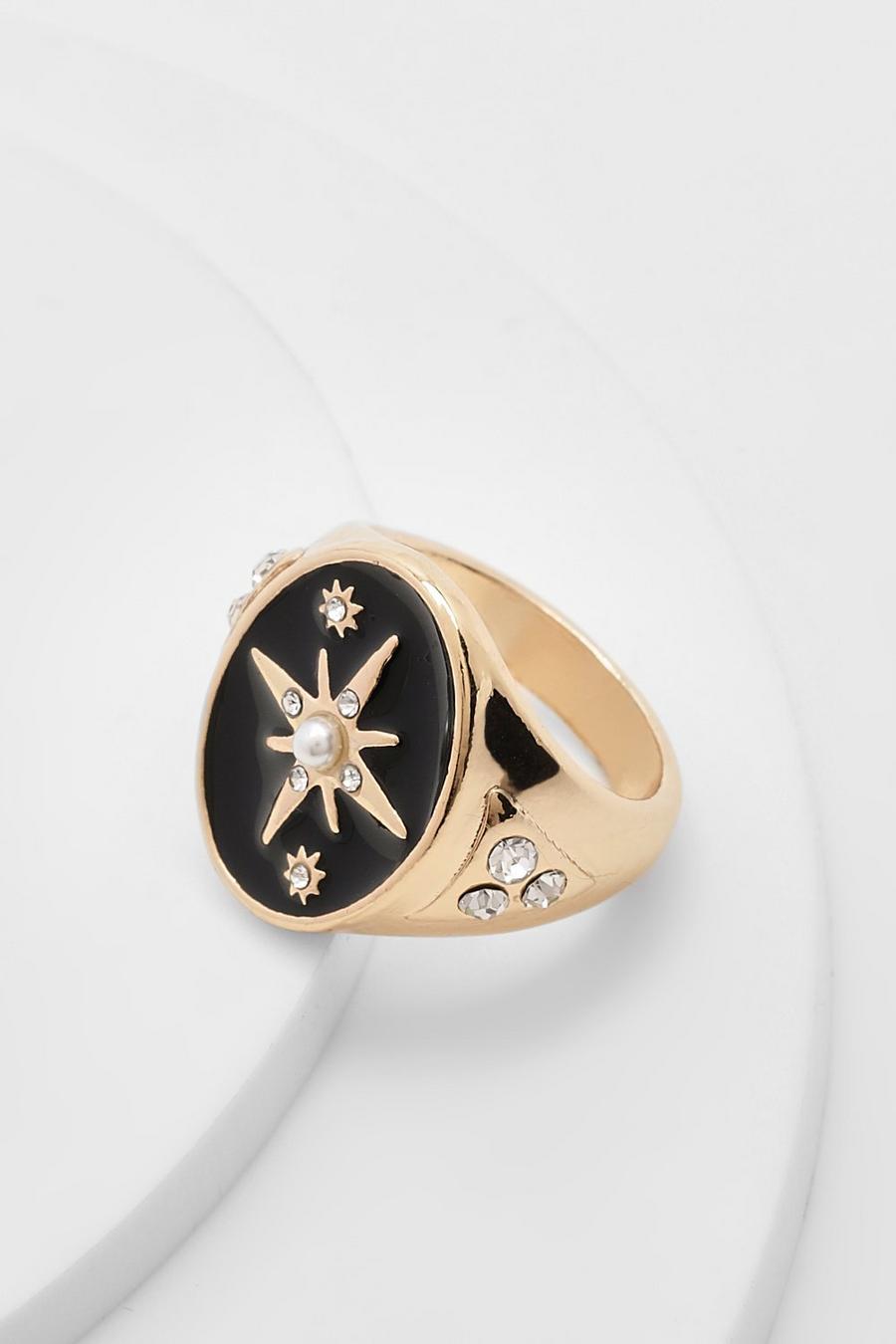 Gold Pearl North Star Enamel Signet Ring image number 1