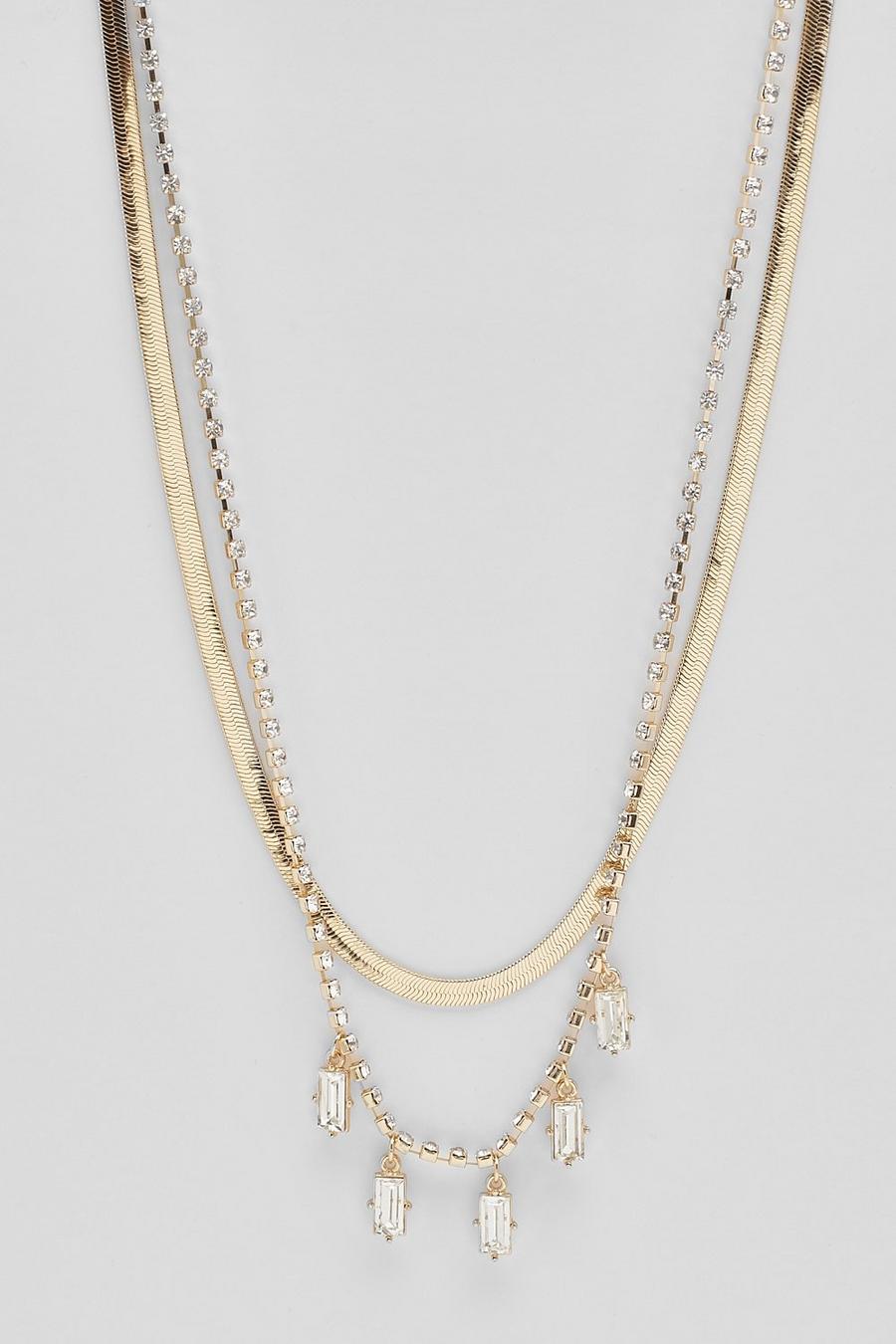 Gold metallic Emerald Cut Charm Drop Double Row Necklace