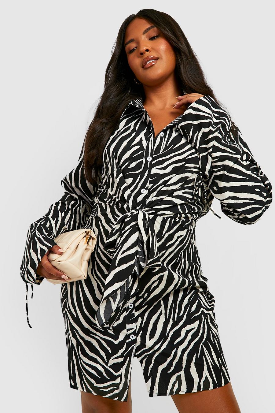 Black Plus Woven Zebra Print Belted Shirt Dress image number 1