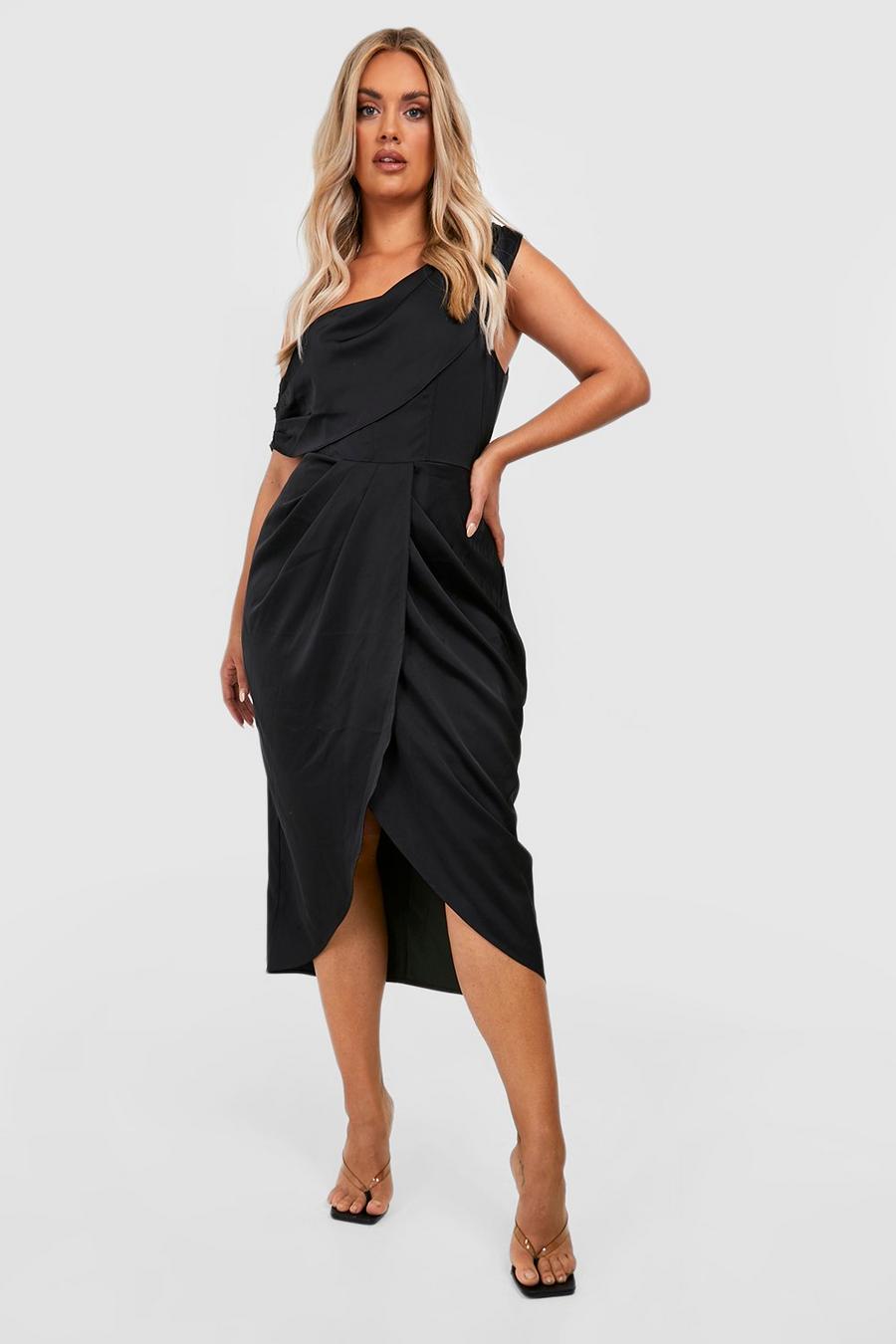 Black Plus Satin Corset Shoulder Wrap Midi Dress image number 1