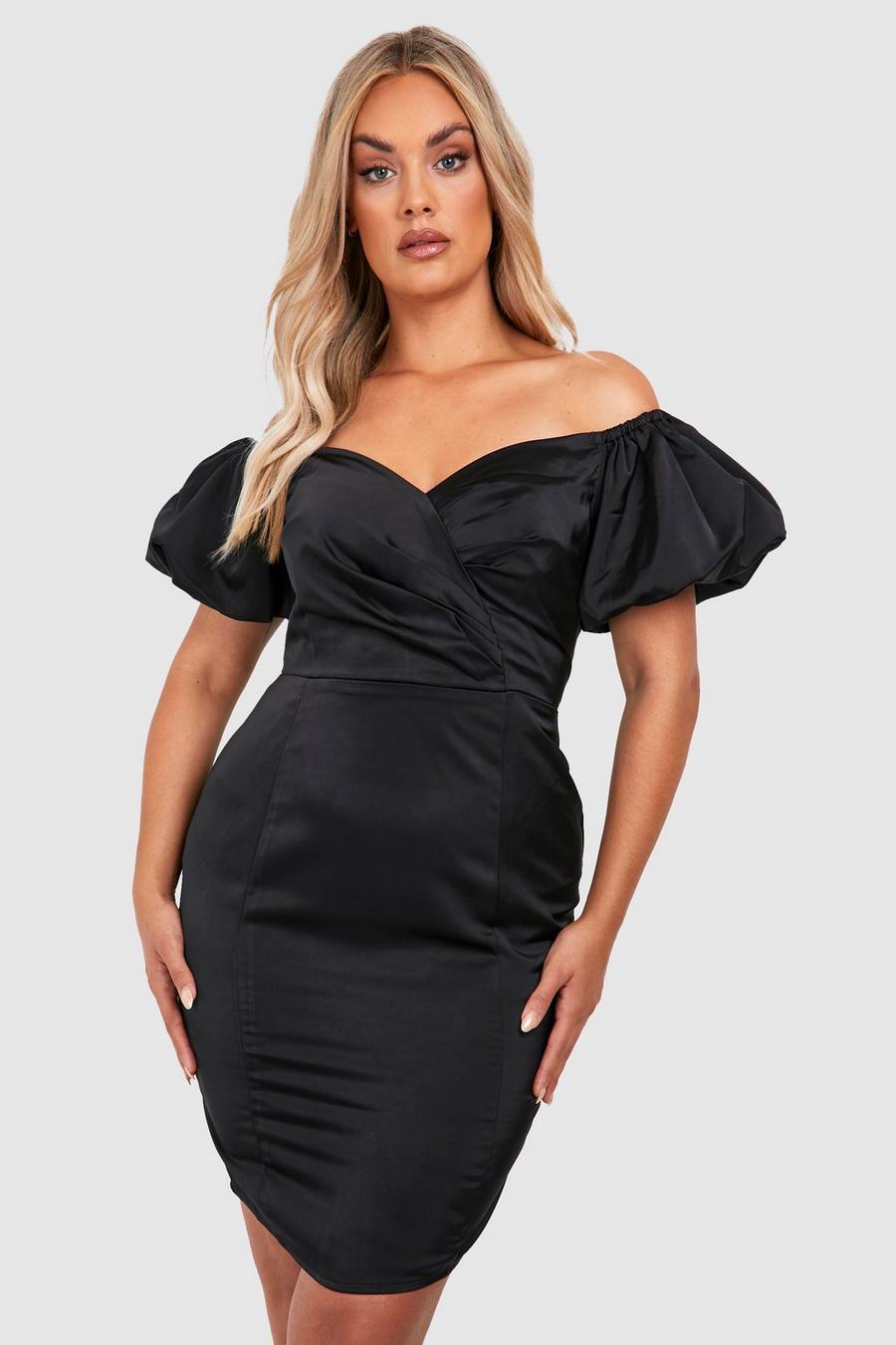 Black Plus Occasion Bardot Puff Sleeve Midi Dress image number 1