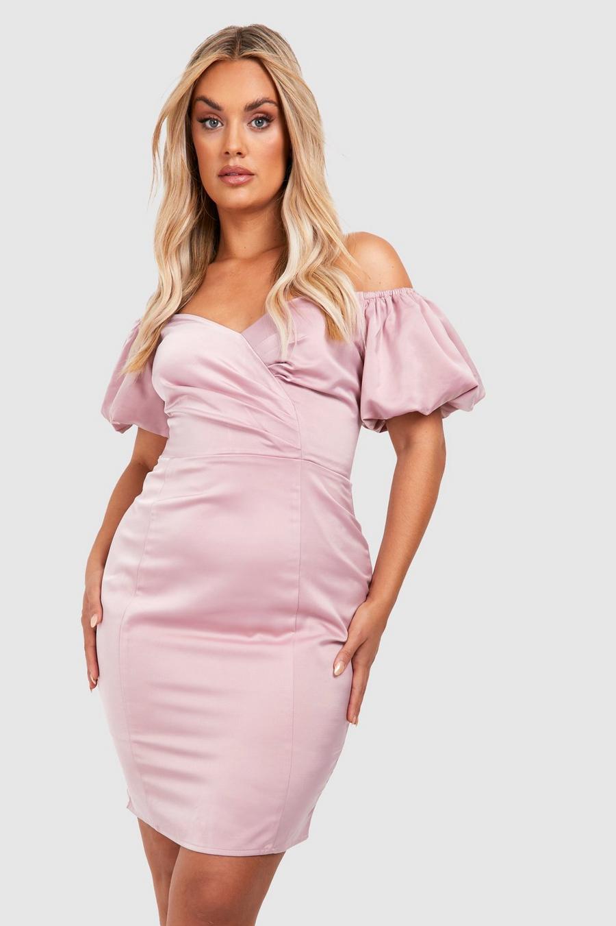 Mauve Plus Occasion Off The Shoulder Puff Sleeve Midi Dress image number 1