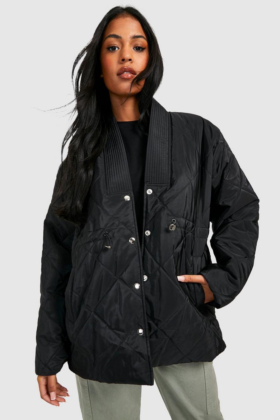 Black Tall Shaped Waist Detail Puffer Jacket image number 1
