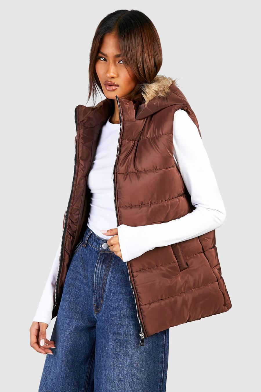 Chocolate Tall Faux Fur Trim Gilet image number 1