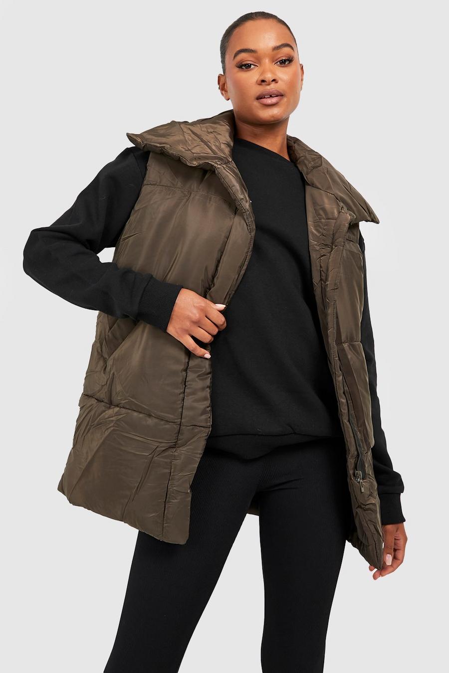 Khaki Tall Cropped Funnel Neck Gilet image number 1