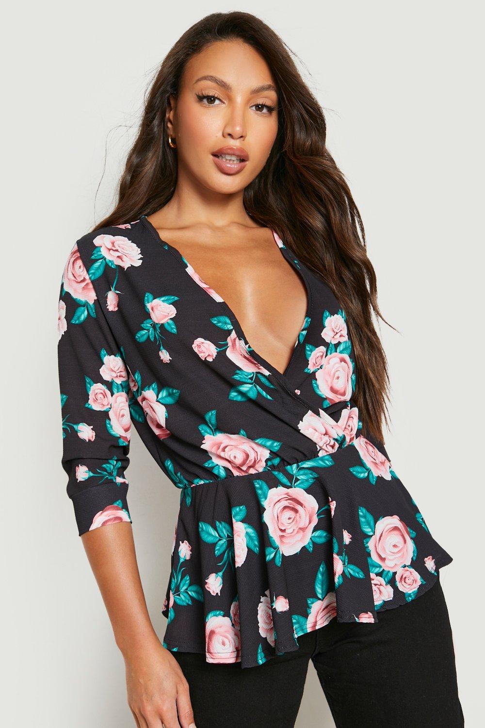 Tall Peplum Wrap Rose Print Blouse | Boohoo UK