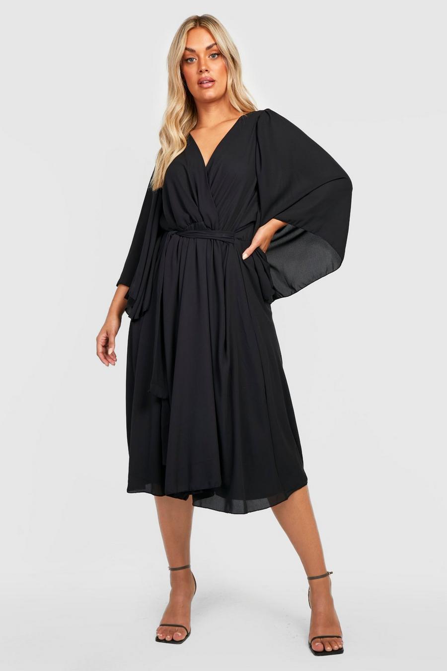 Black Plus Angel Sleeve Wrap Midi Dress image number 1