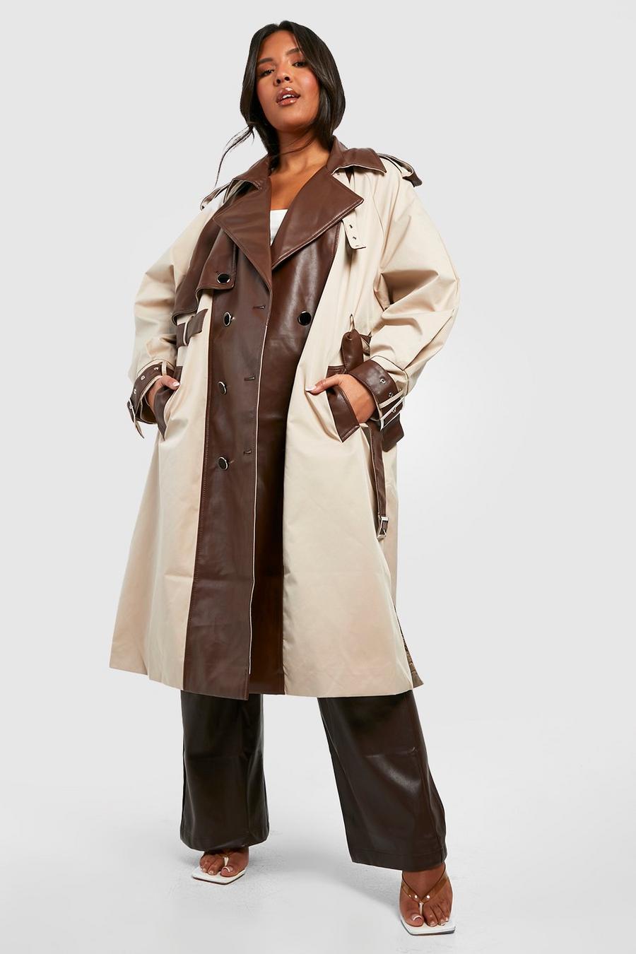 Beige Plus Contrast Faux PU Leather Trench Coat image number 1